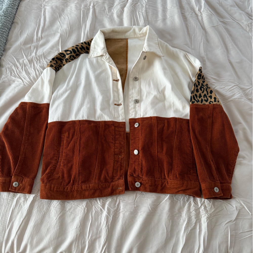 Brown and White Corduroy Jacket with Leopard Accents